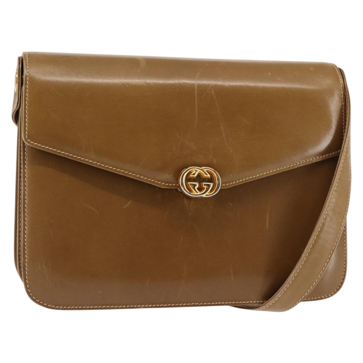 GUCCI Shoulder Bag Leather Brown Gold Auth BA6561