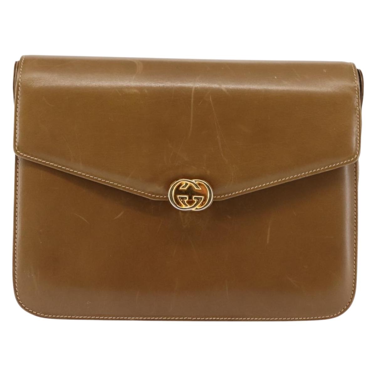 GUCCI Shoulder Bag Leather Brown Gold Auth BA6561