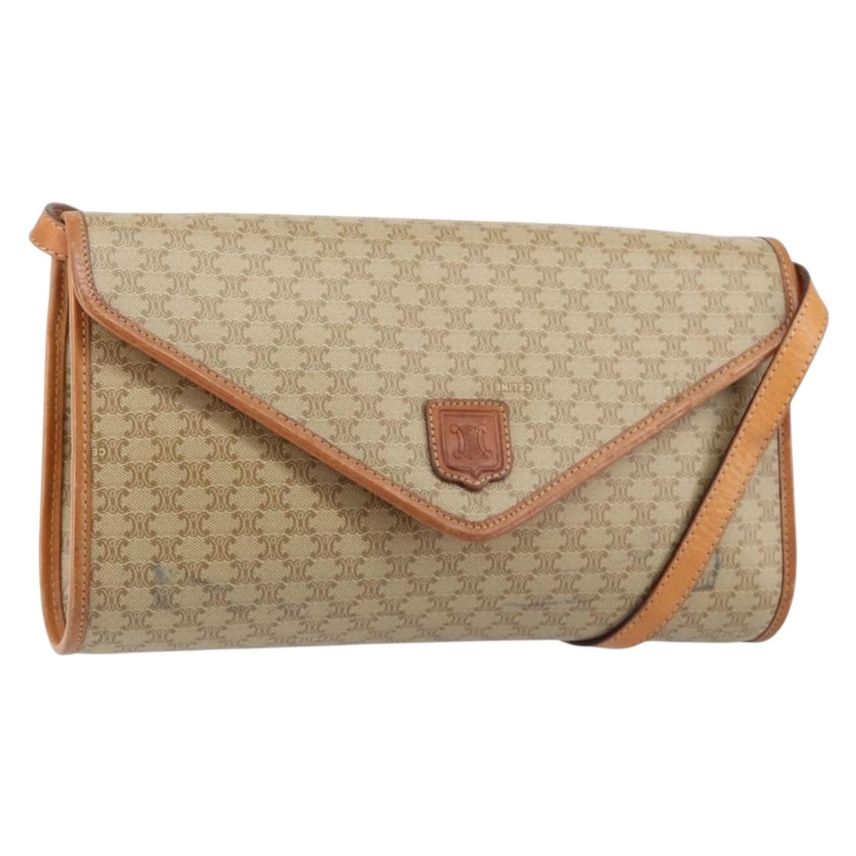 CELINE Macadam Canvas Shoulder Bag PVC Beige Gold Auth BA6573