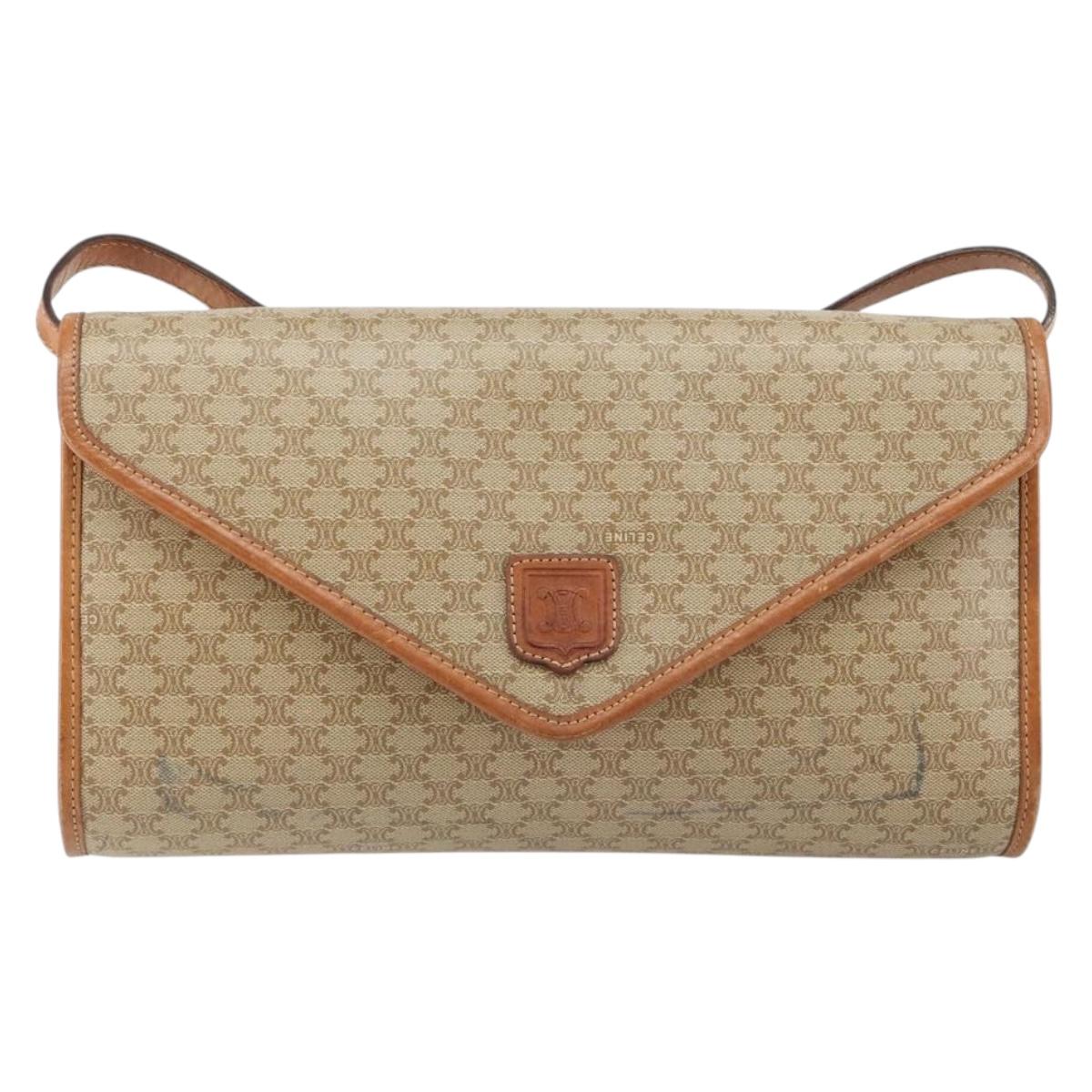 CELINE Macadam Canvas Shoulder Bag PVC Beige Gold Auth BA6573