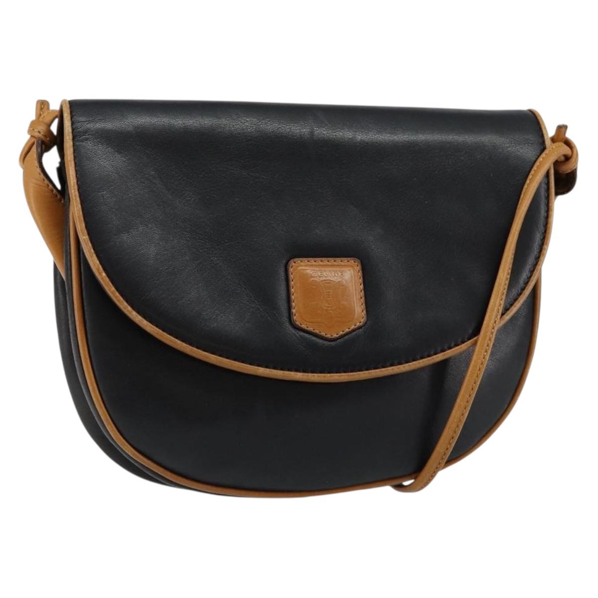 CELINE Shoulder Bag Leather Navy Gold Auth BA6575