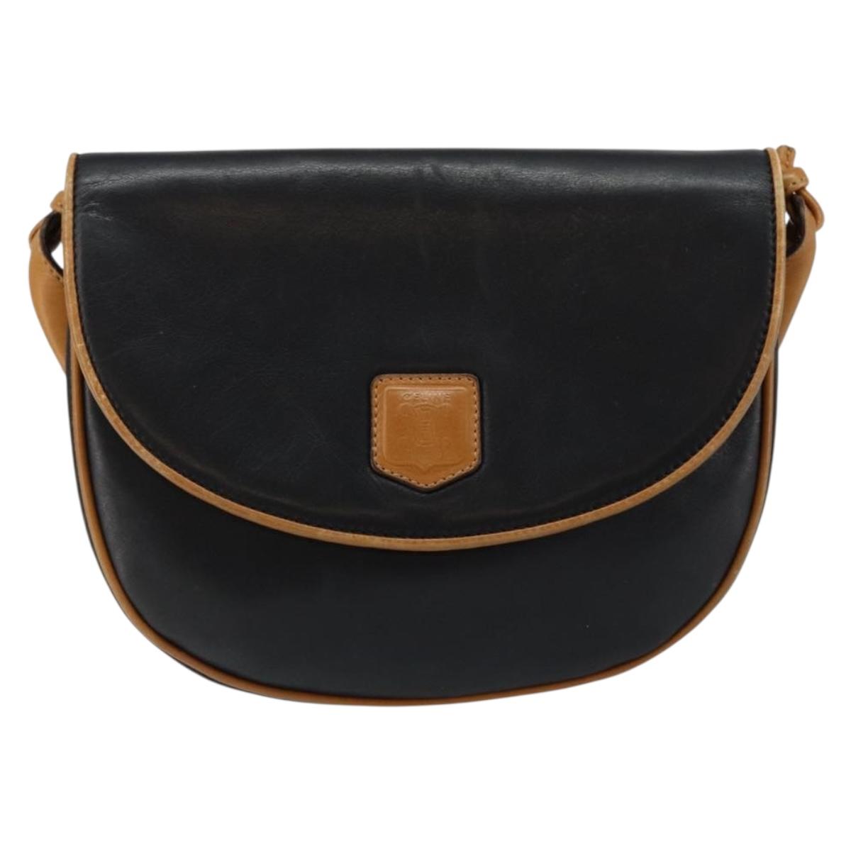 CELINE Shoulder Bag Leather Navy Gold Auth BA6575