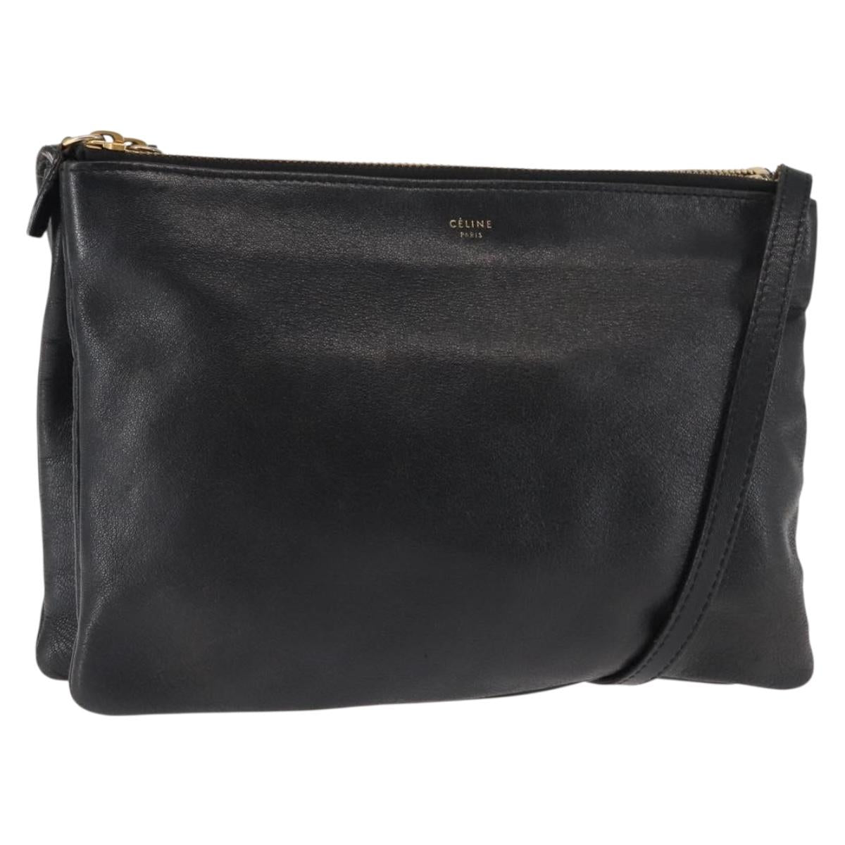 CELINE Trio Shoulder Bag Leather Black Gold Auth BA6576