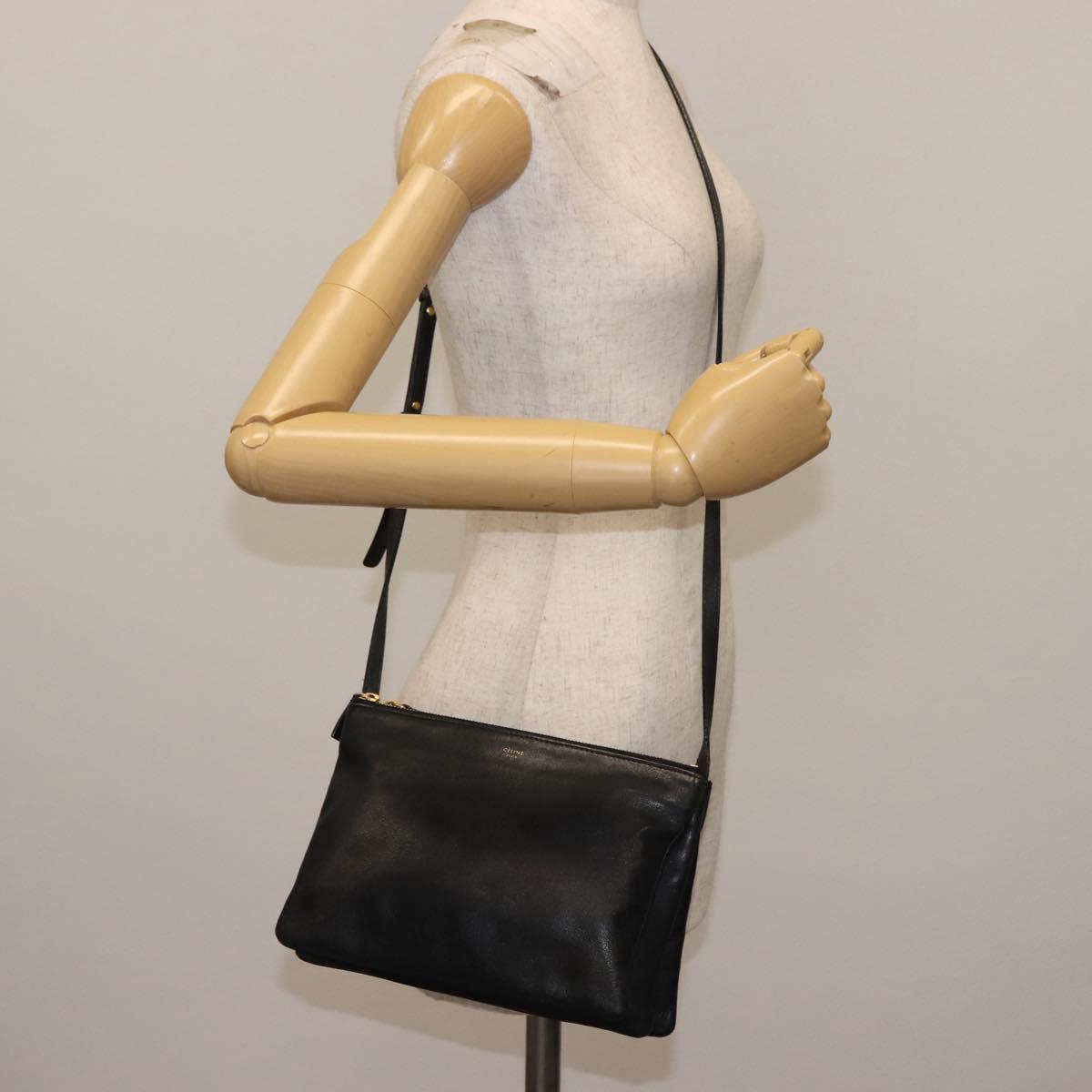 CELINE Trio Shoulder Bag Leather Black Gold Auth BA6576