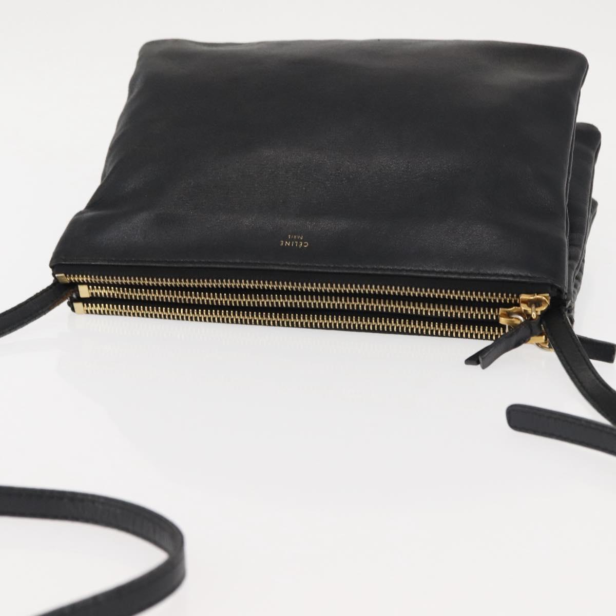 CELINE Trio Shoulder Bag Leather Black Gold Auth BA6576