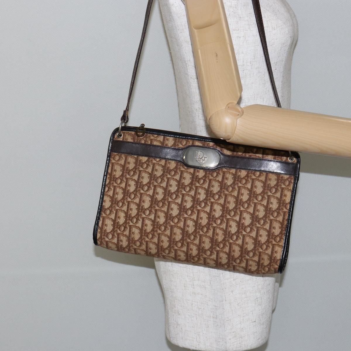 Christian Dior Trotter Canvas Shoulder Bag Brown Gold Auth BA6578