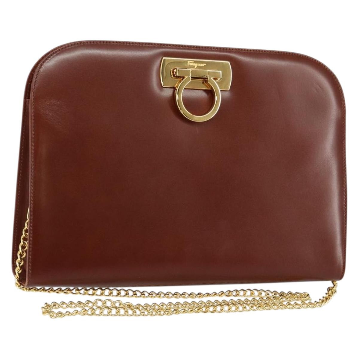 Salvatore Ferragamo Gancini Chain Shoulder Bag Leather Brown Gold Auth BA6585
