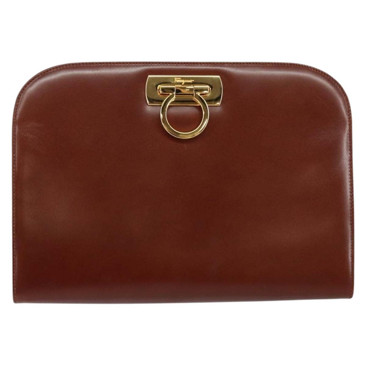 Salvatore Ferragamo Gancini Chain Shoulder Bag Leather Brown Gold Auth BA6585