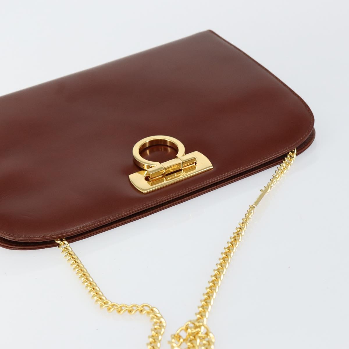 Salvatore Ferragamo Gancini Chain Shoulder Bag Leather Brown Gold Auth BA6585