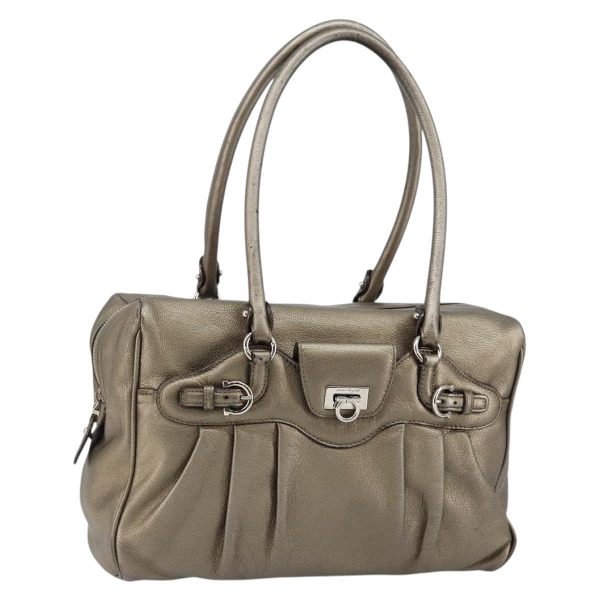Salvatore Ferragamo Gancini Tote Bag Leather Gold Silver Auth BA6588