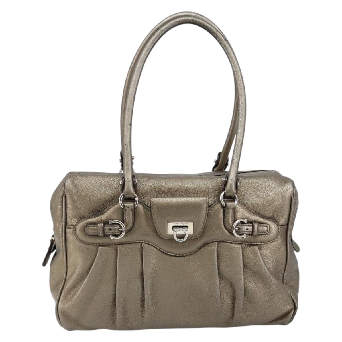Salvatore Ferragamo Gancini Tote Bag Leather Gold Silver Auth BA6588