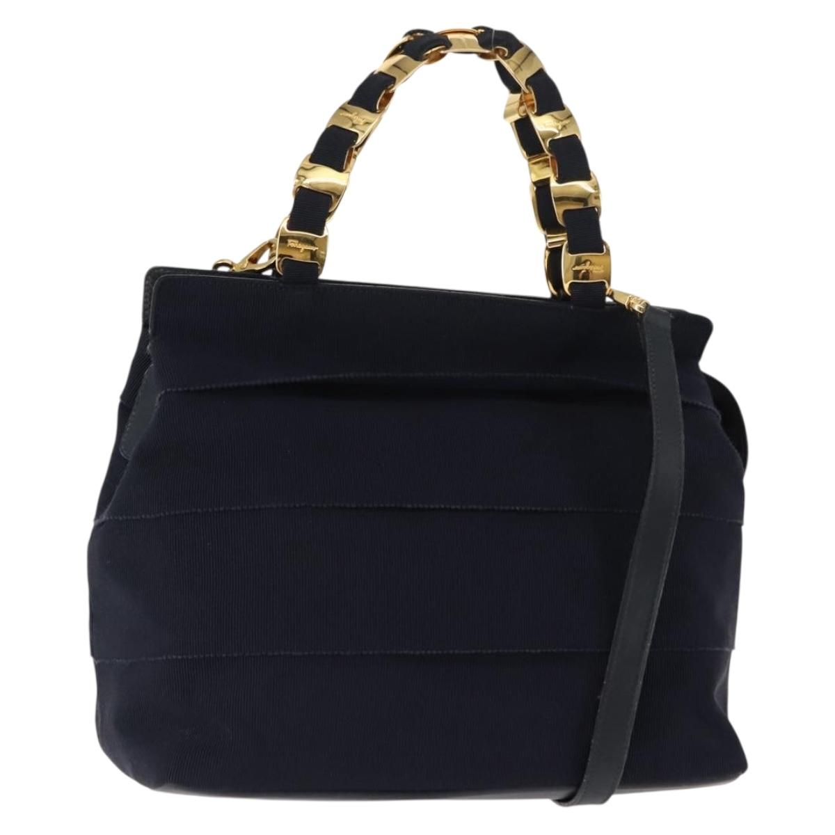 Salvatore Ferragamo Vala Hand Bag Canvas 2way Navy Gold Auth BA6589