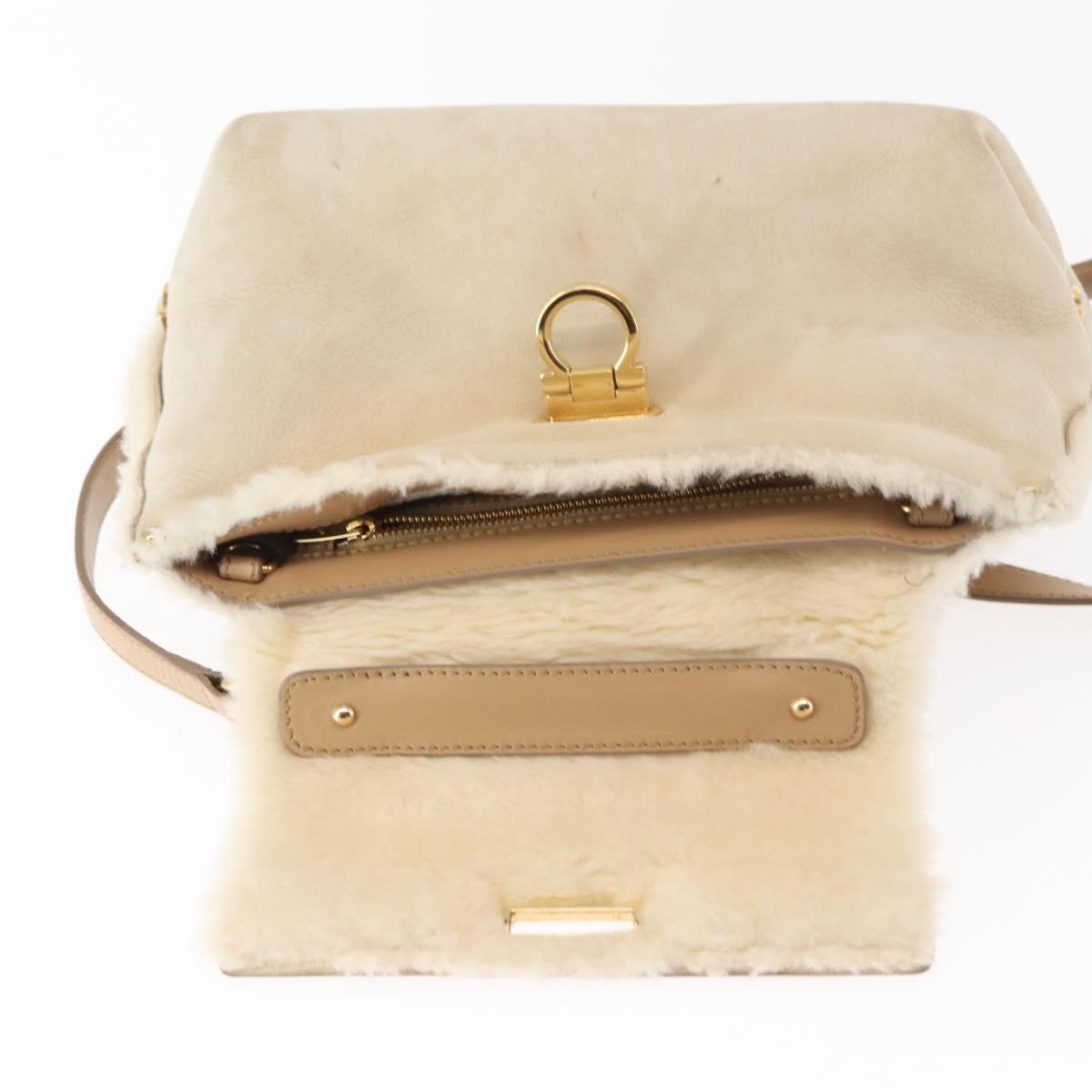 Salvatore Ferragamo Gancini Hand Bag Mouton 2way Beige Gold Auth BA6590