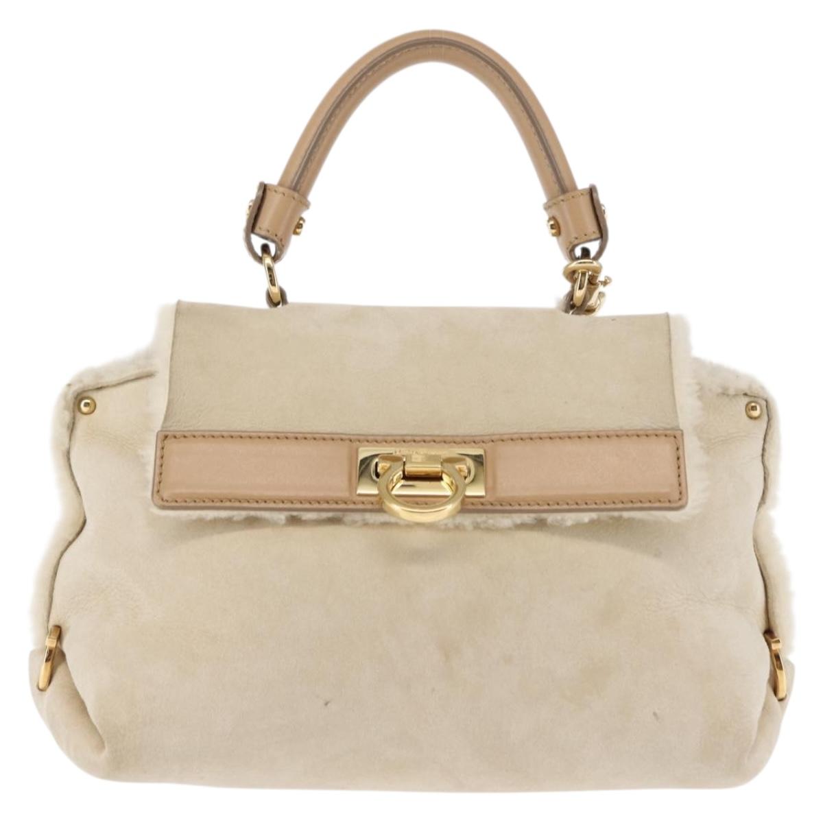 Salvatore Ferragamo Gancini Hand Bag Mouton 2way Beige Gold Auth BA6590