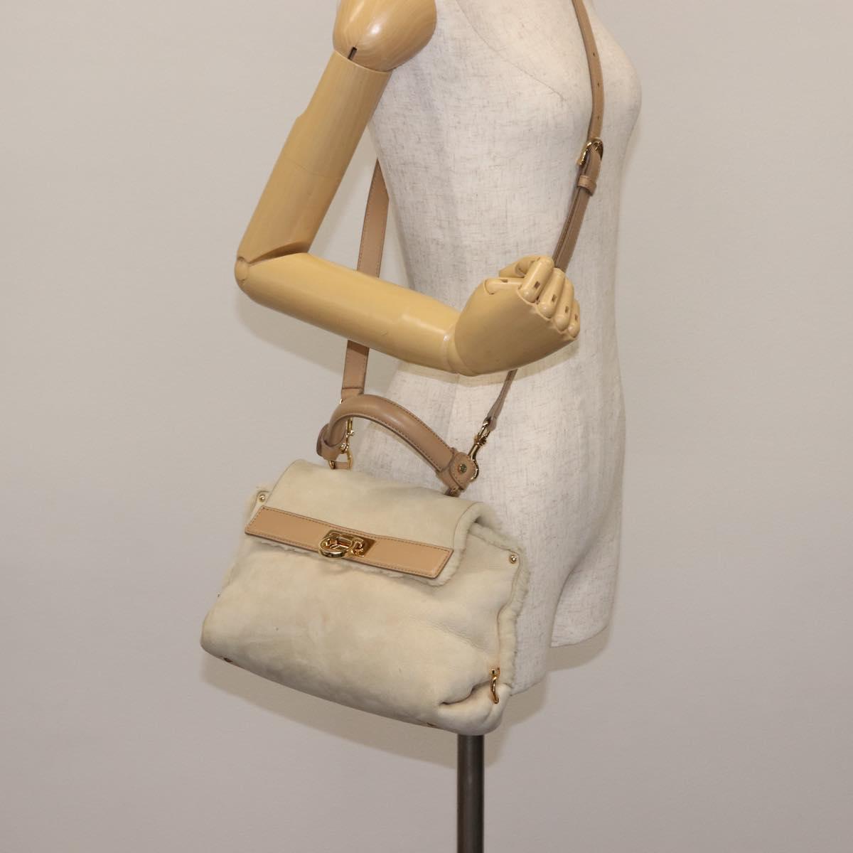 Salvatore Ferragamo Gancini Hand Bag Mouton 2way Beige Gold Auth BA6590