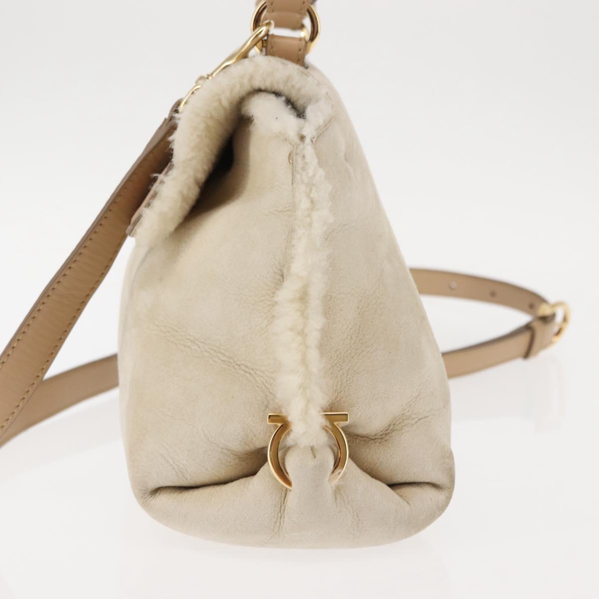 Salvatore Ferragamo Gancini Hand Bag Mouton 2way Beige Gold Auth BA6590