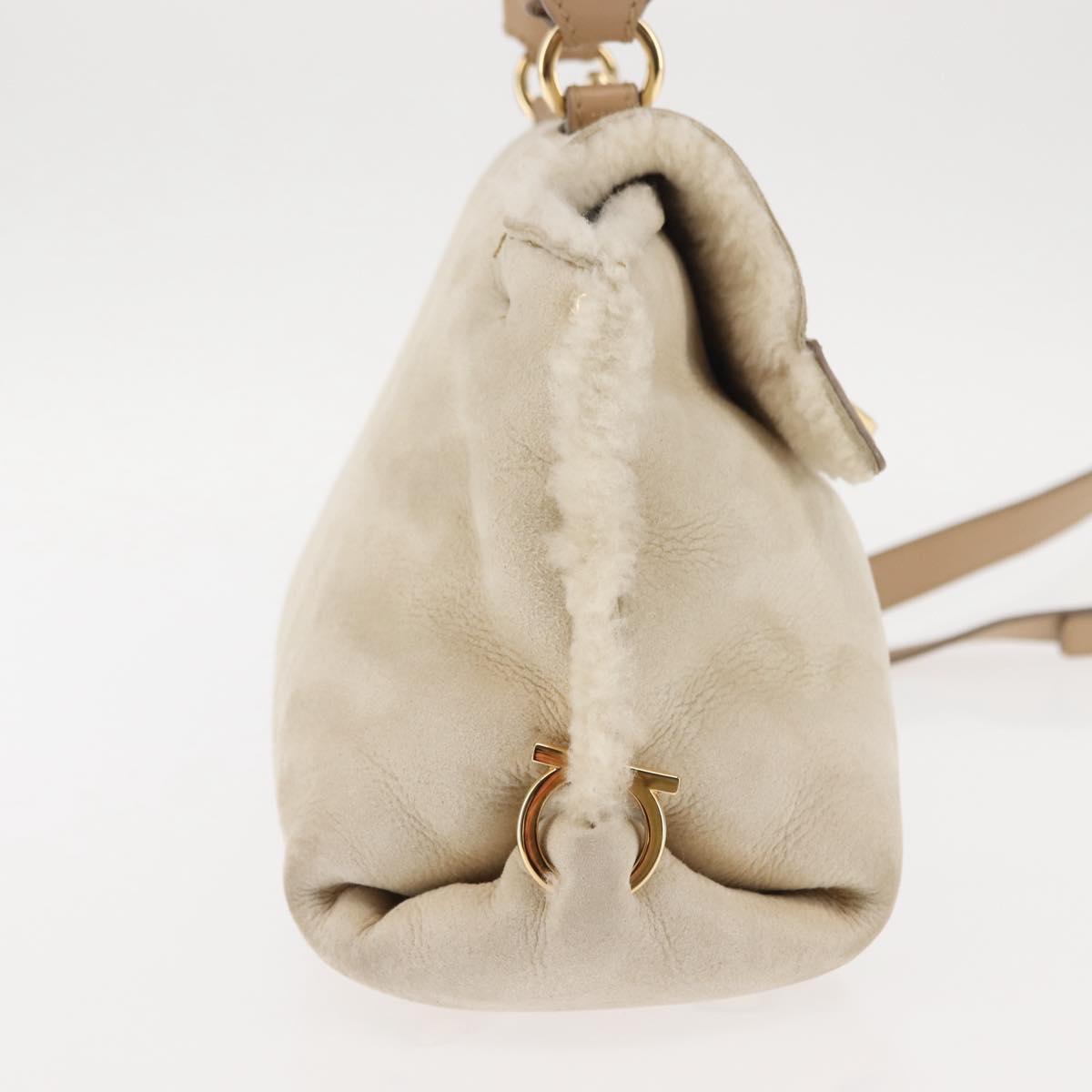 Salvatore Ferragamo Gancini Hand Bag Mouton 2way Beige Gold Auth BA6590