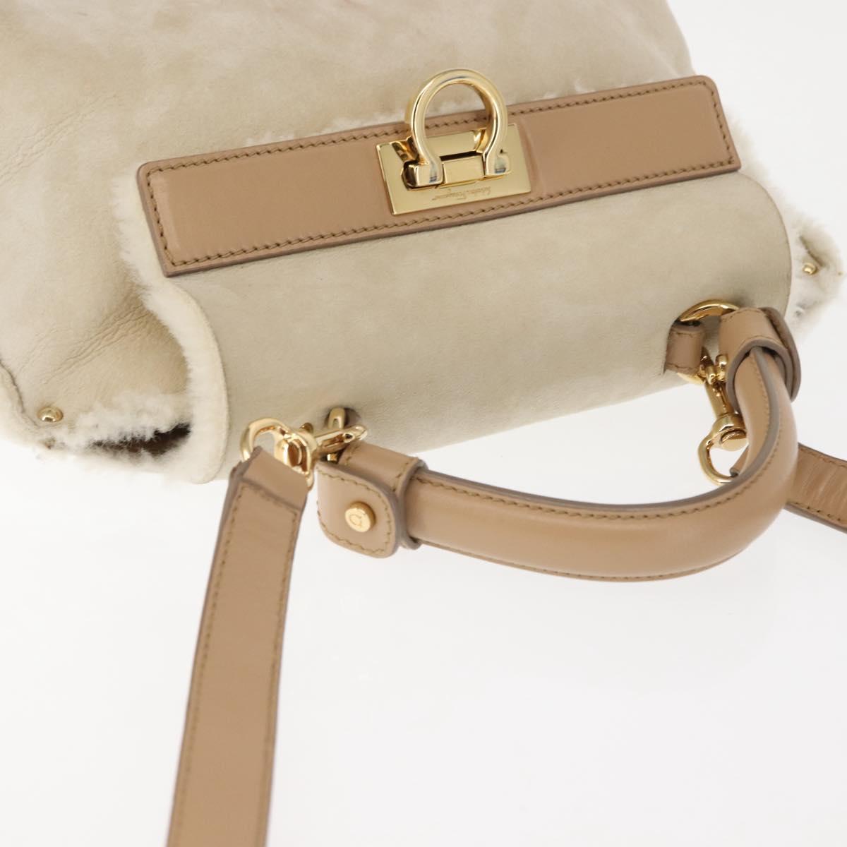 Salvatore Ferragamo Gancini Hand Bag Mouton 2way Beige Gold Auth BA6590