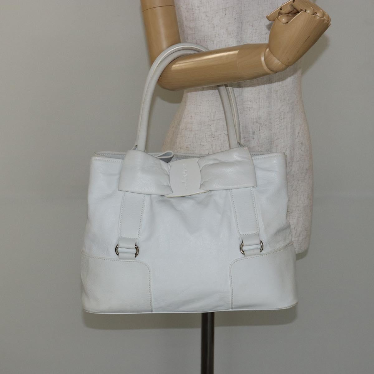 Salvatore Ferragamo Vala Tote Bag Leather White Gold Auth BA6591