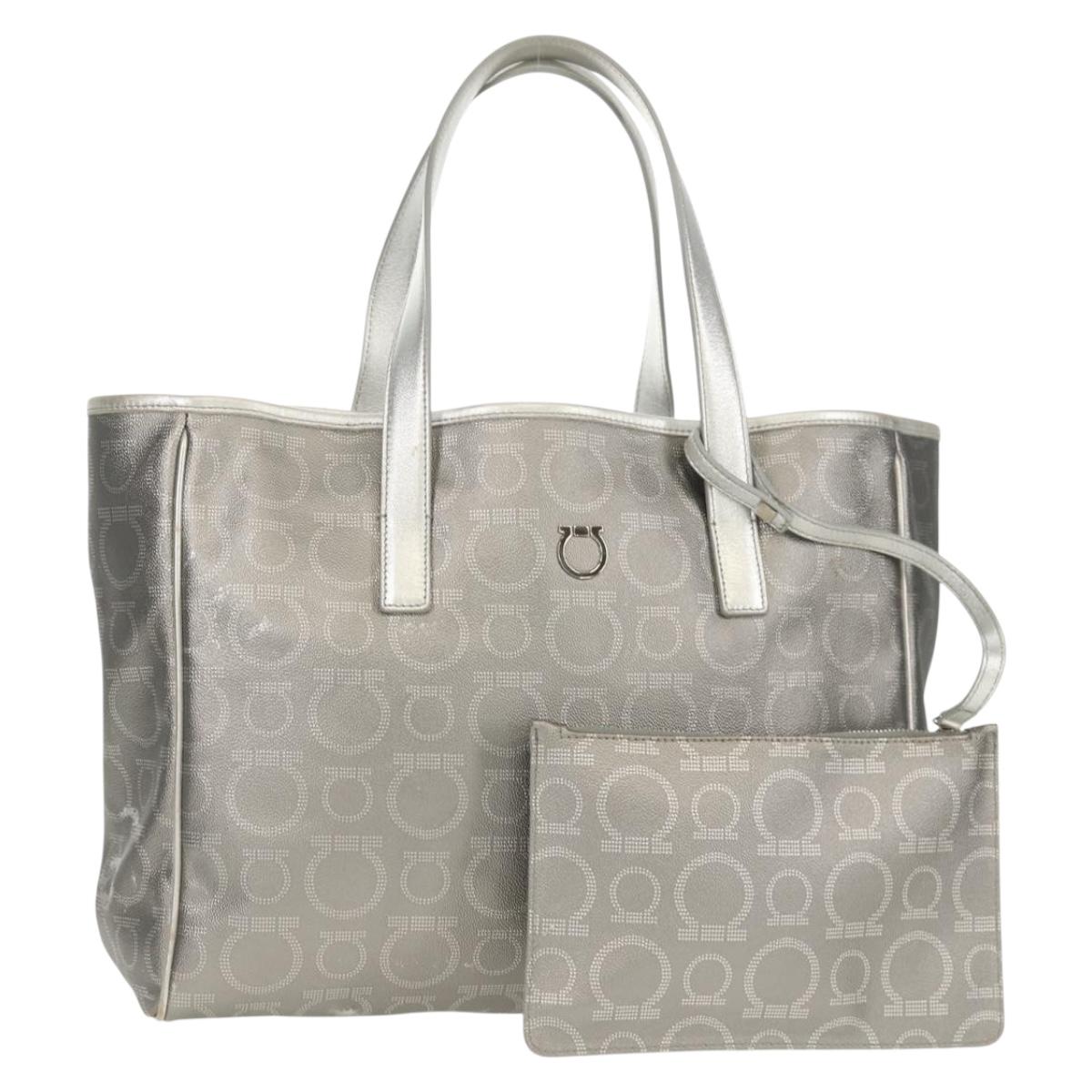 Salvatore Ferragamo Gancini Tote Bag Leather Silver Auth BA6592