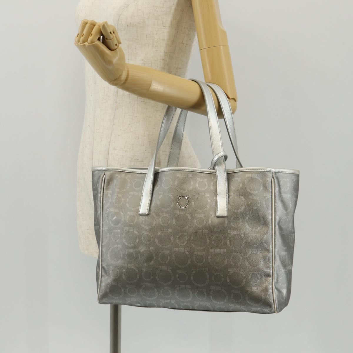 Salvatore Ferragamo Gancini Tote Bag Leather Silver Auth BA6592