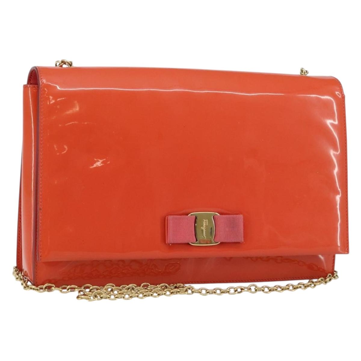 Salvatore Ferragamo Chain Vala Shoulder Bag Enamel Orange Gold Auth BA6593