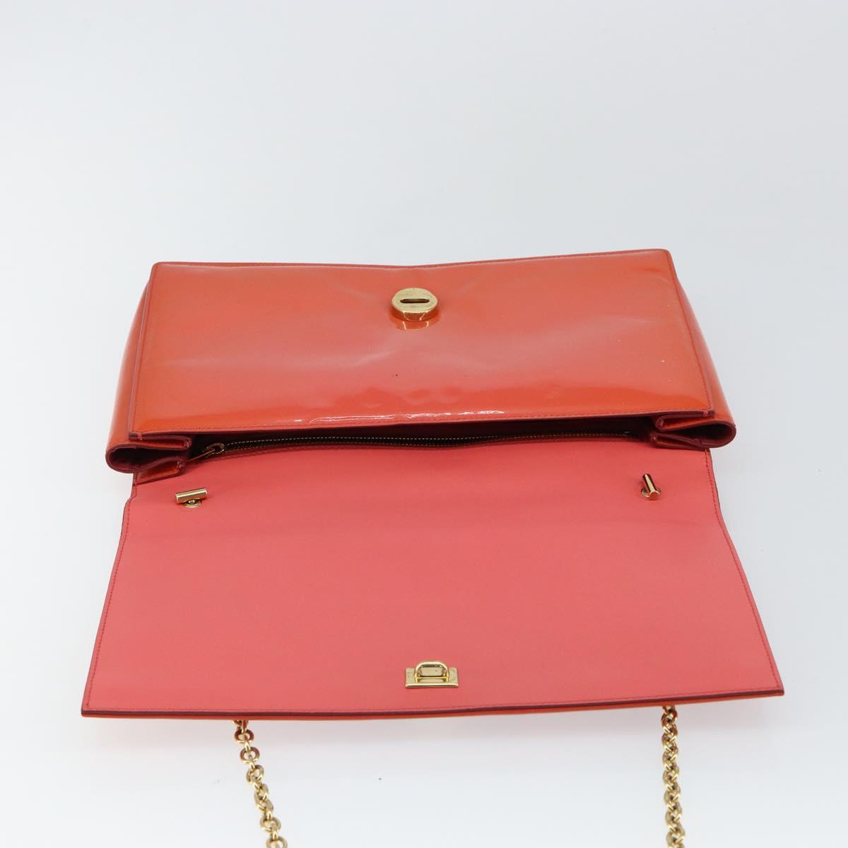 Salvatore Ferragamo Chain Vala Shoulder Bag Enamel Orange Gold Auth BA6593