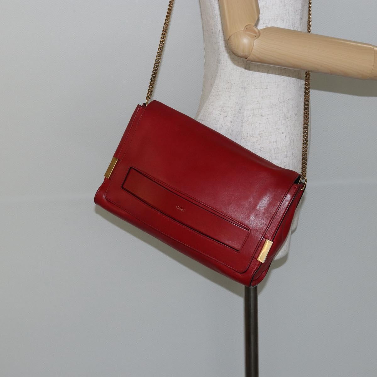 Chloe Chain Ray Shoulder Bag Leather Red Gold Auth BA6596