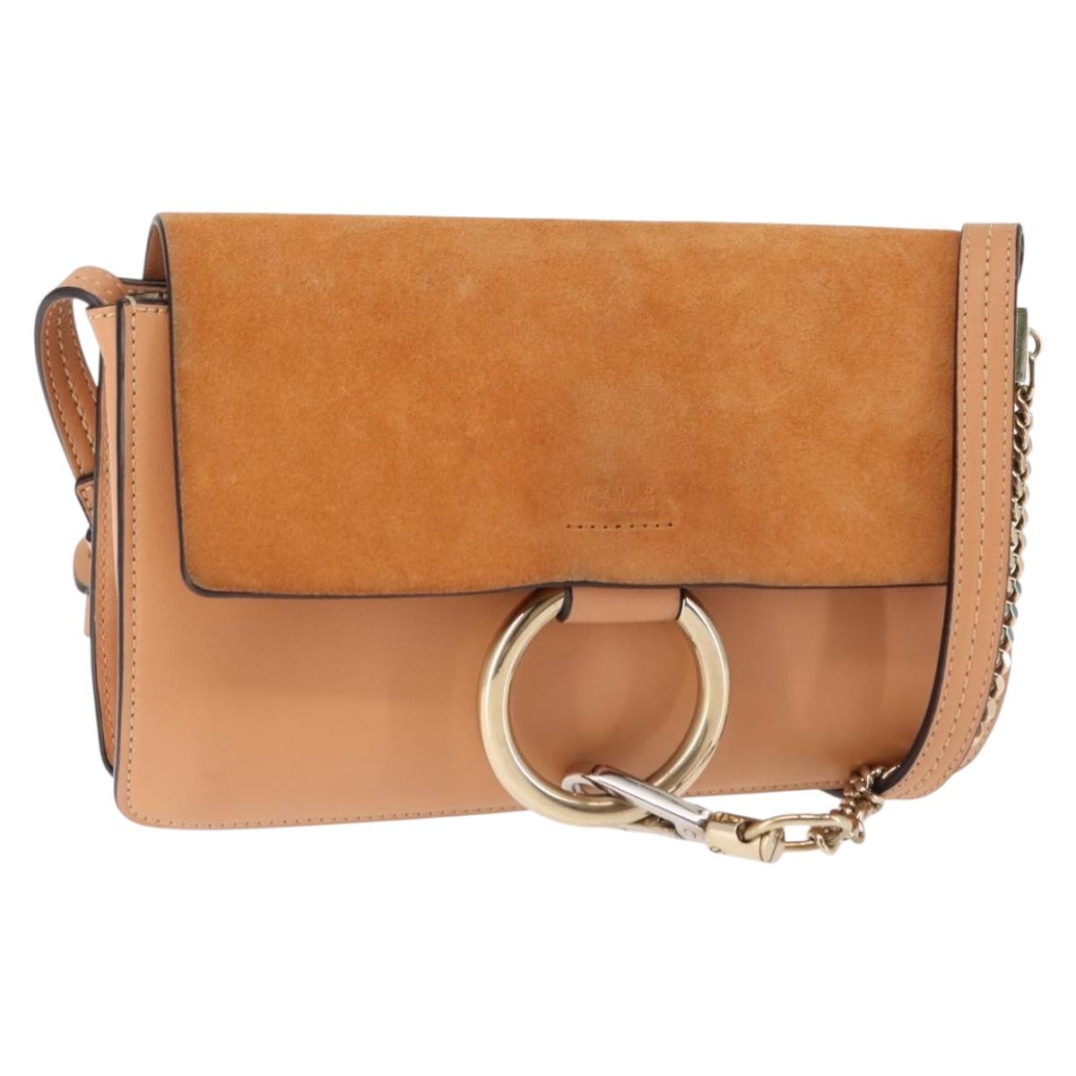Chloe Chain Fay Shoulder Bag Leather Beige Gold Auth BA6597