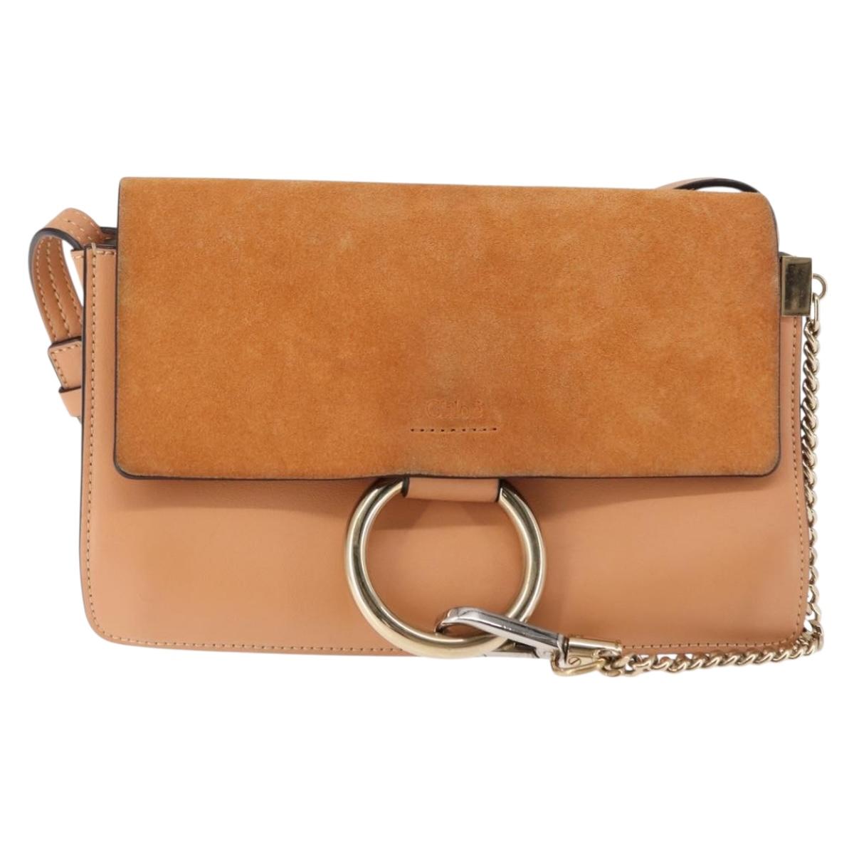 Chloe Chain Fay Shoulder Bag Leather Beige Gold Auth BA6597