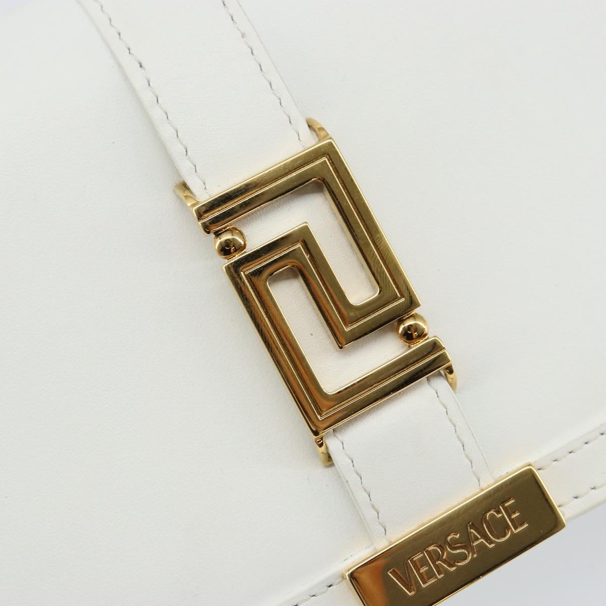 VERSACE Chain Shoulder Bag Leather White Gold Auth BA6599