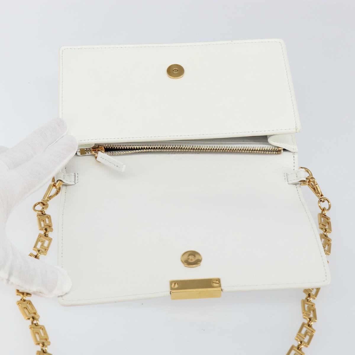 VERSACE Chain Shoulder Bag Leather White Gold Auth BA6599