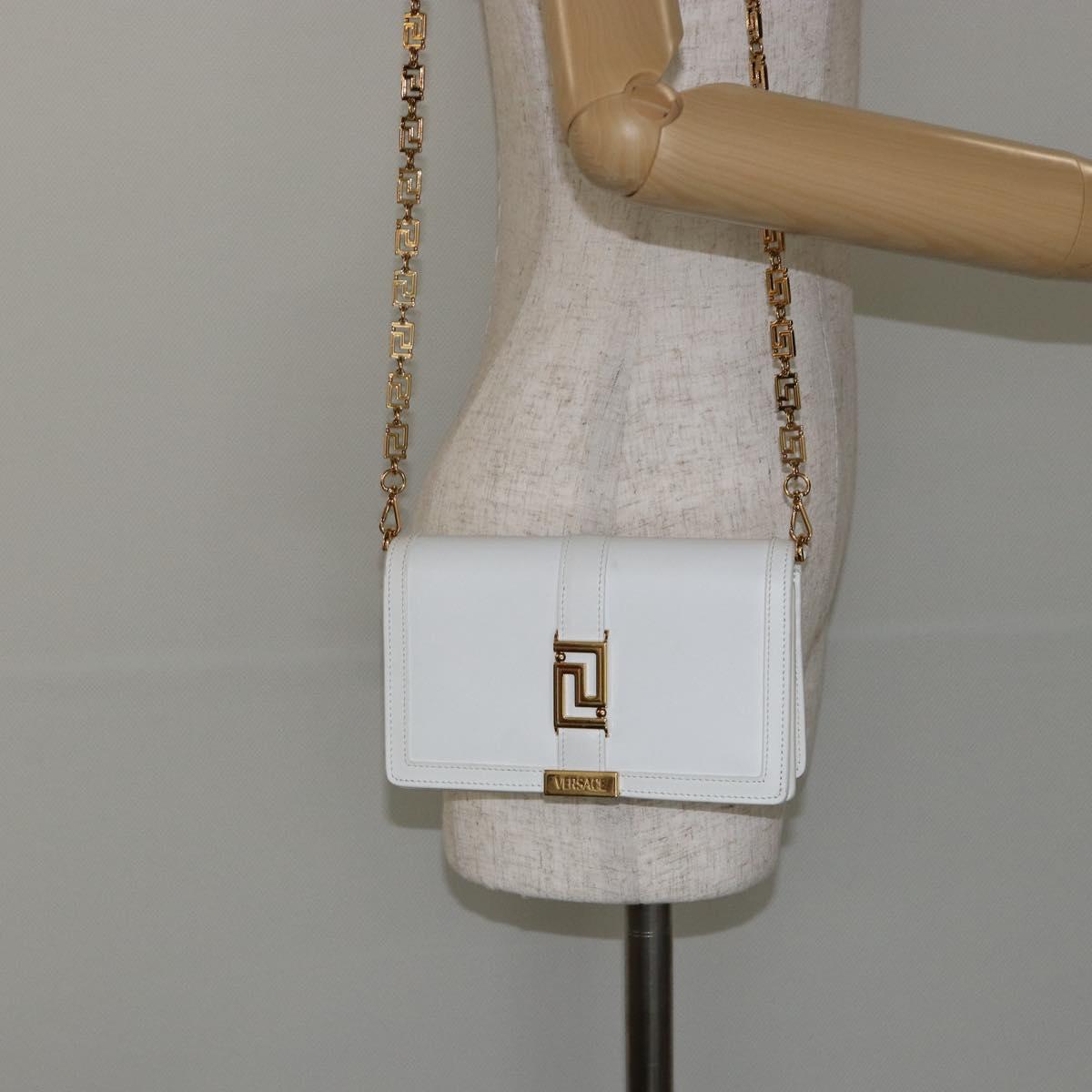 VERSACE Chain Shoulder Bag Leather White Gold Auth BA6599