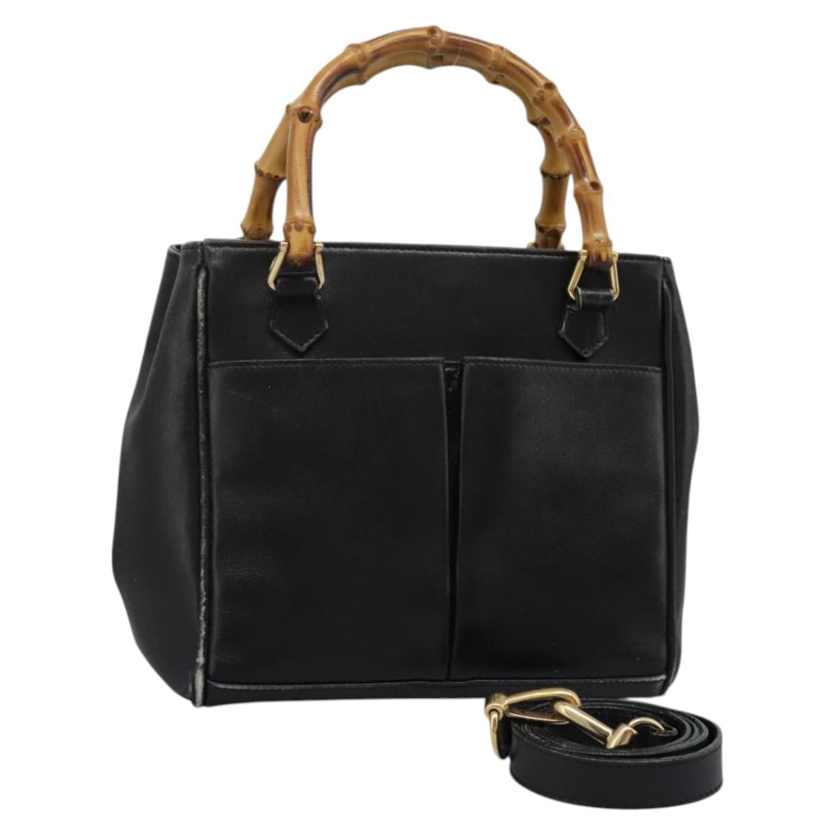 GUCCI Bamboo Hand Bag Leather 2way Black Gold 000 2122 0316 Auth BA660