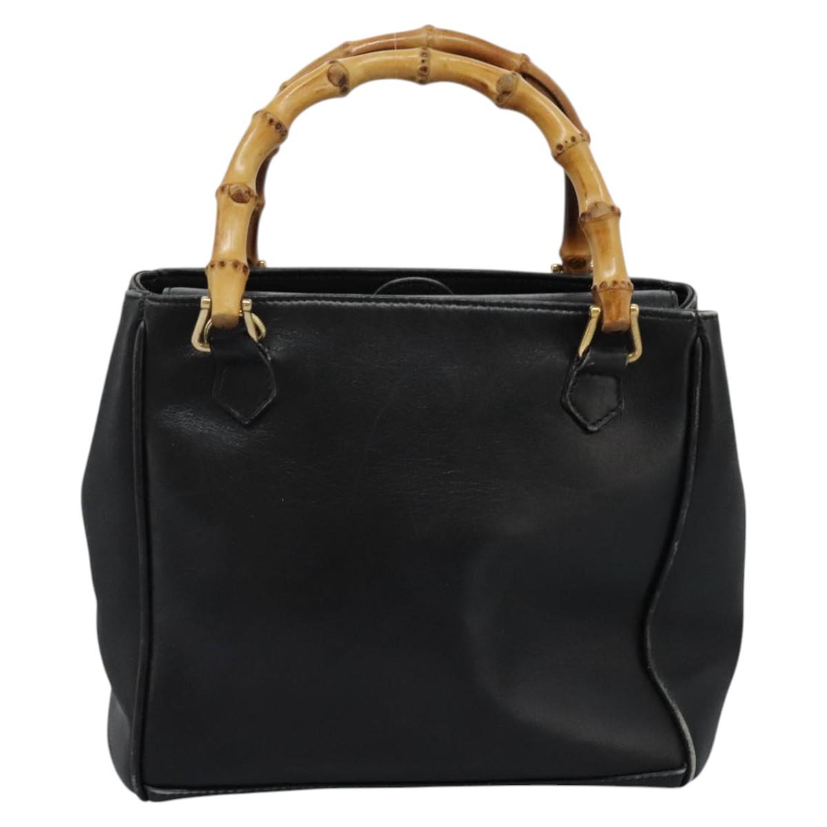 GUCCI Bamboo Hand Bag Leather 2way Black Gold 000 2122 0316 Auth BA660