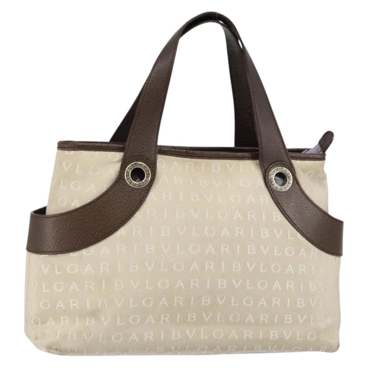 BVLGARI Logo Mania Hand Bag Canvas Beige Silver Auth BA6603