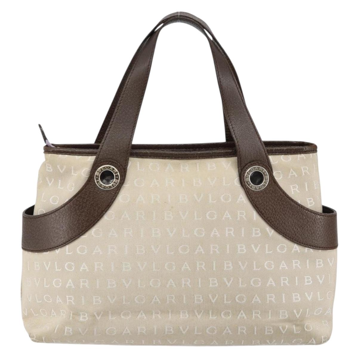 BVLGARI Logo Mania Hand Bag Canvas Beige Silver Auth BA6603