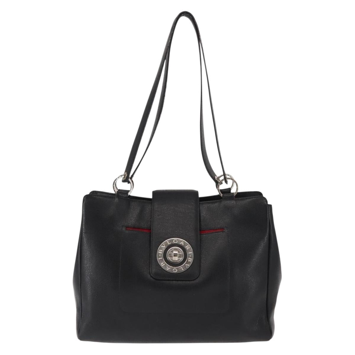 BVLGARI Circle Logo Tote Bag Leather Black Silver Auth BA6604