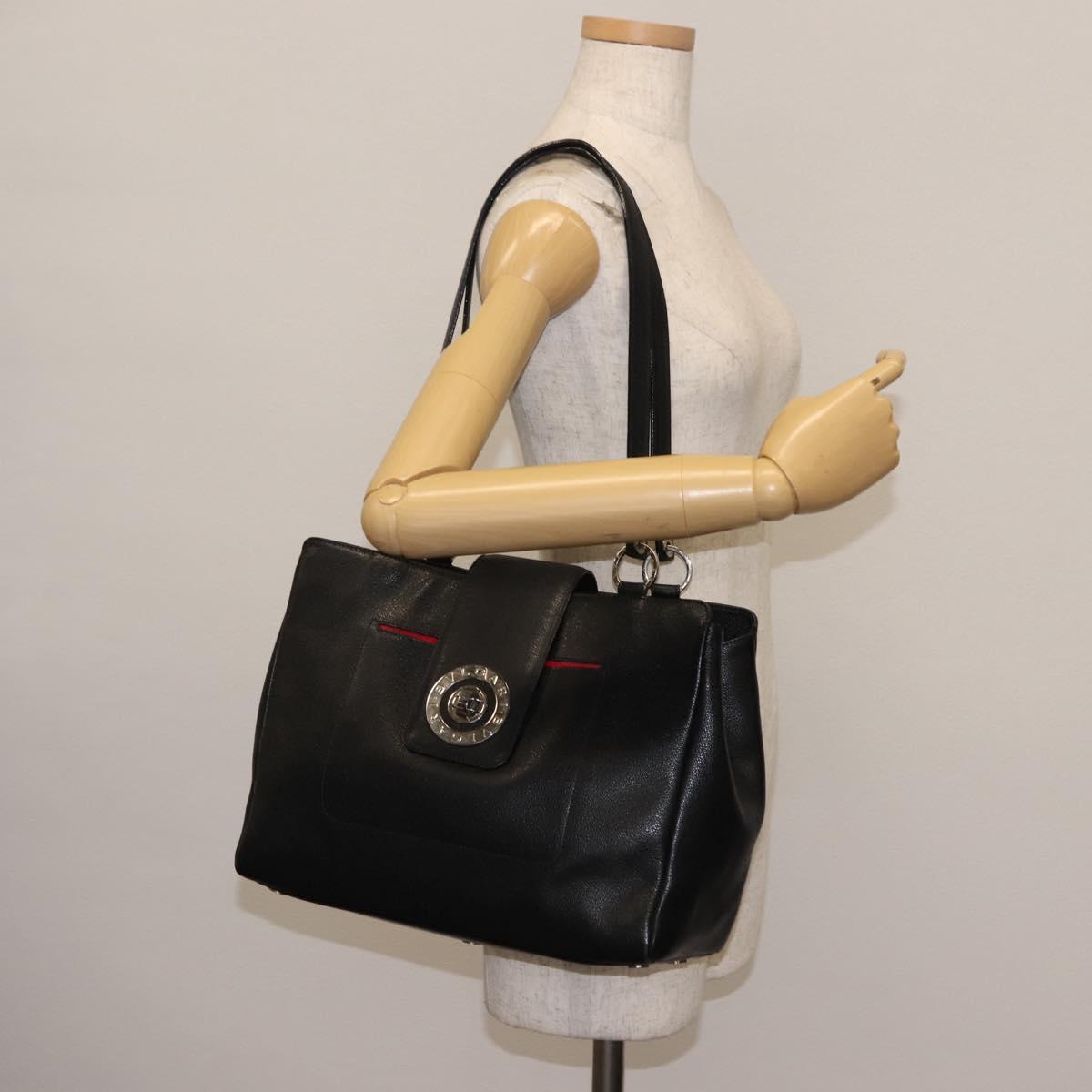 BVLGARI Circle Logo Tote Bag Leather Black Silver Auth BA6604