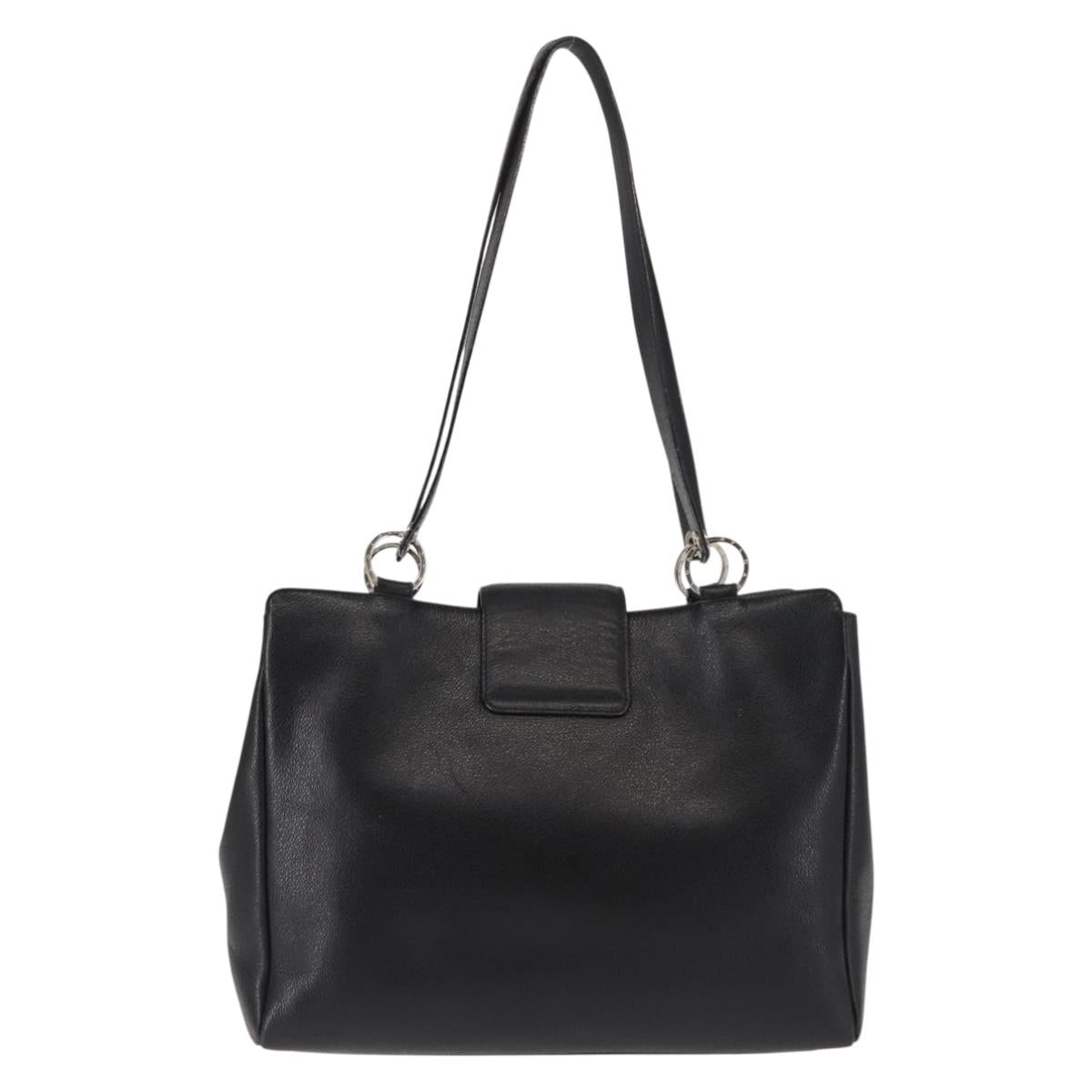 BVLGARI Circle Logo Tote Bag Leather Black Silver Auth BA6604