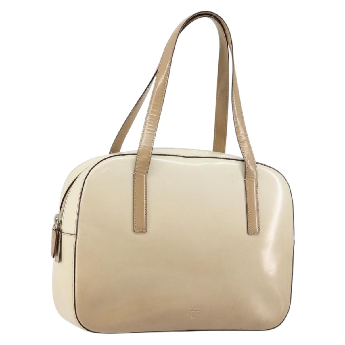 PRADA Hand Bag Patent leather Beige Silver Auth BA6605