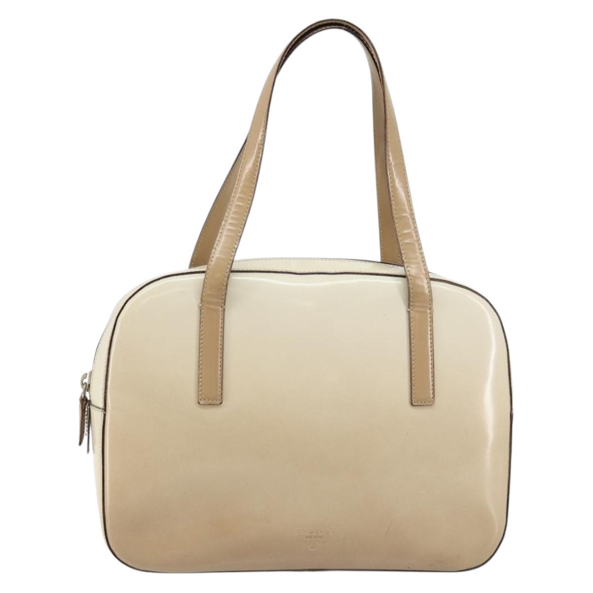 PRADA Hand Bag Patent leather Beige Silver Auth BA6605