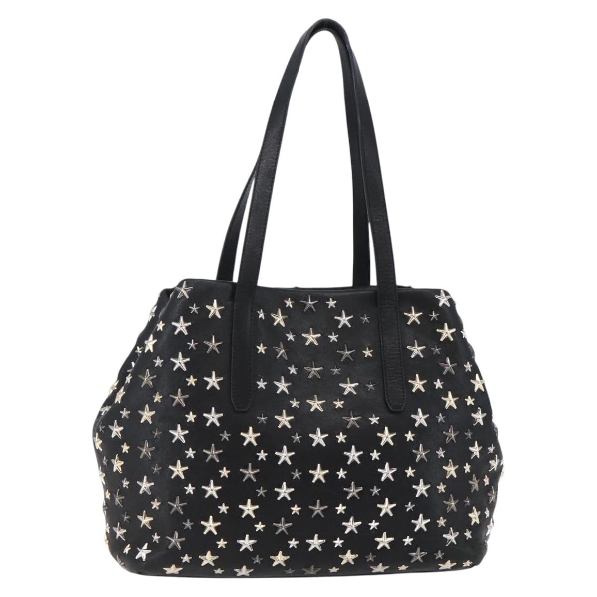 Jimmy Choo Star Studs Shoulder Bag Leather Black Silver Auth BA6610