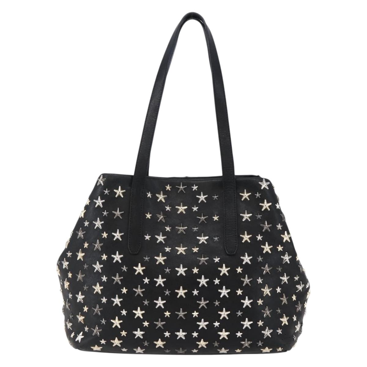 Jimmy Choo Star Studs Shoulder Bag Leather Black Silver Auth BA6610