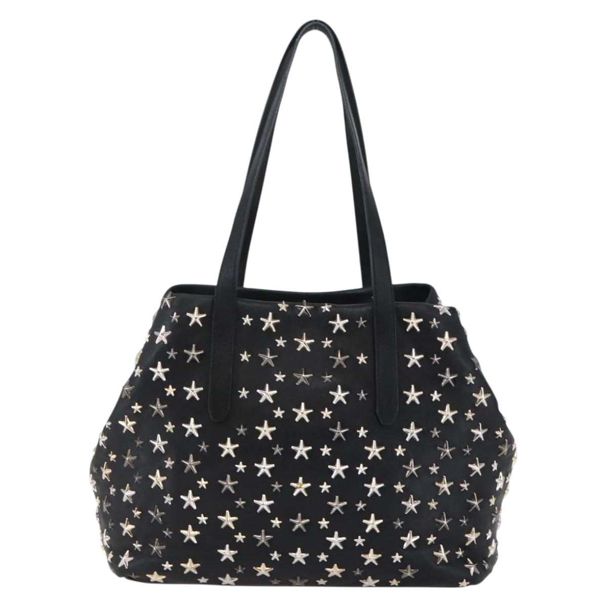Jimmy Choo Star Studs Shoulder Bag Leather Black Silver Auth BA6610