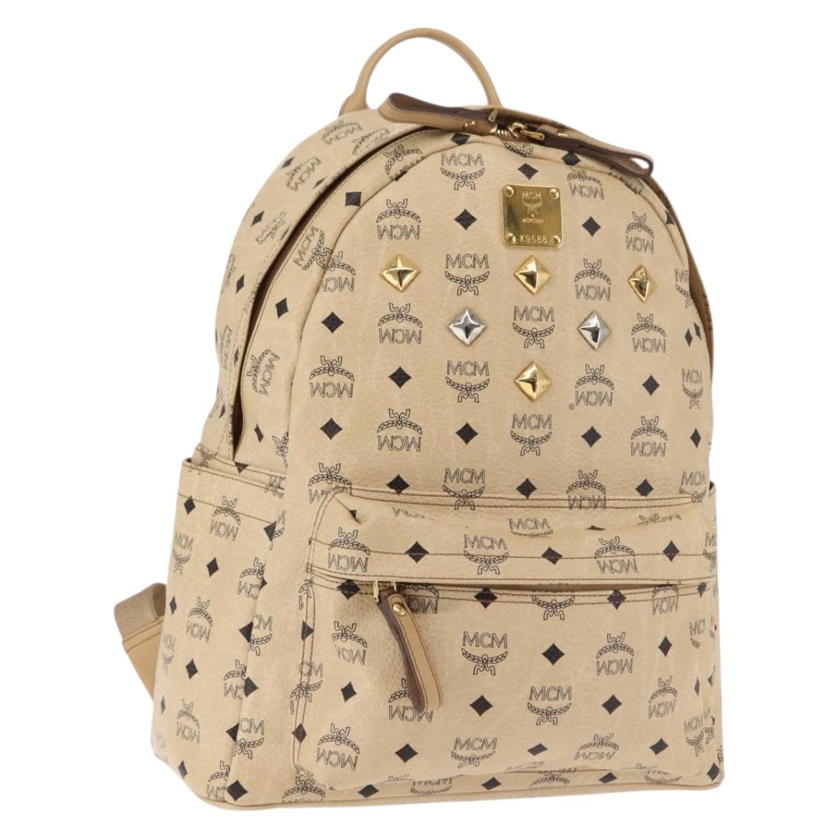 MCM Logogram Vicetos Backpack PVC Leather Beige Gold Auth BA6612