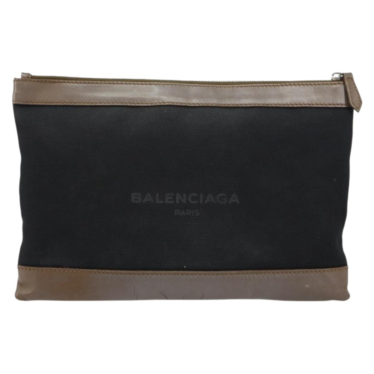 BALENCIAGA Navy Clip M Pouch Canvas Leather Black Silver Auth BA6615