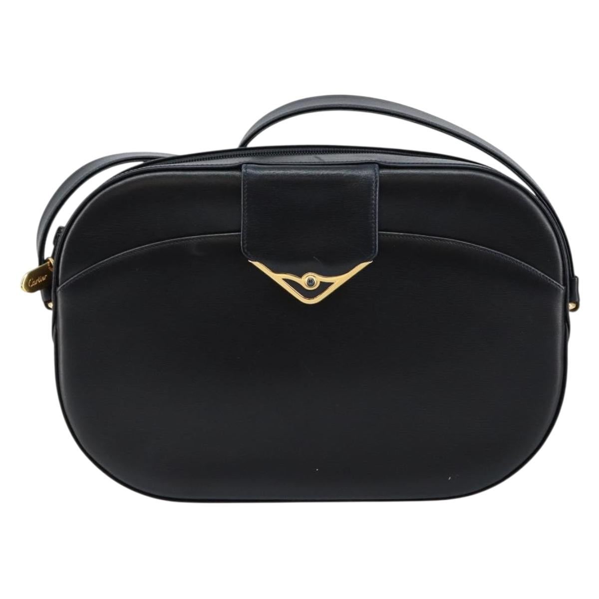 CARTIER Sapphire Line Shoulder Bag Leather Black Gold Auth BA6616