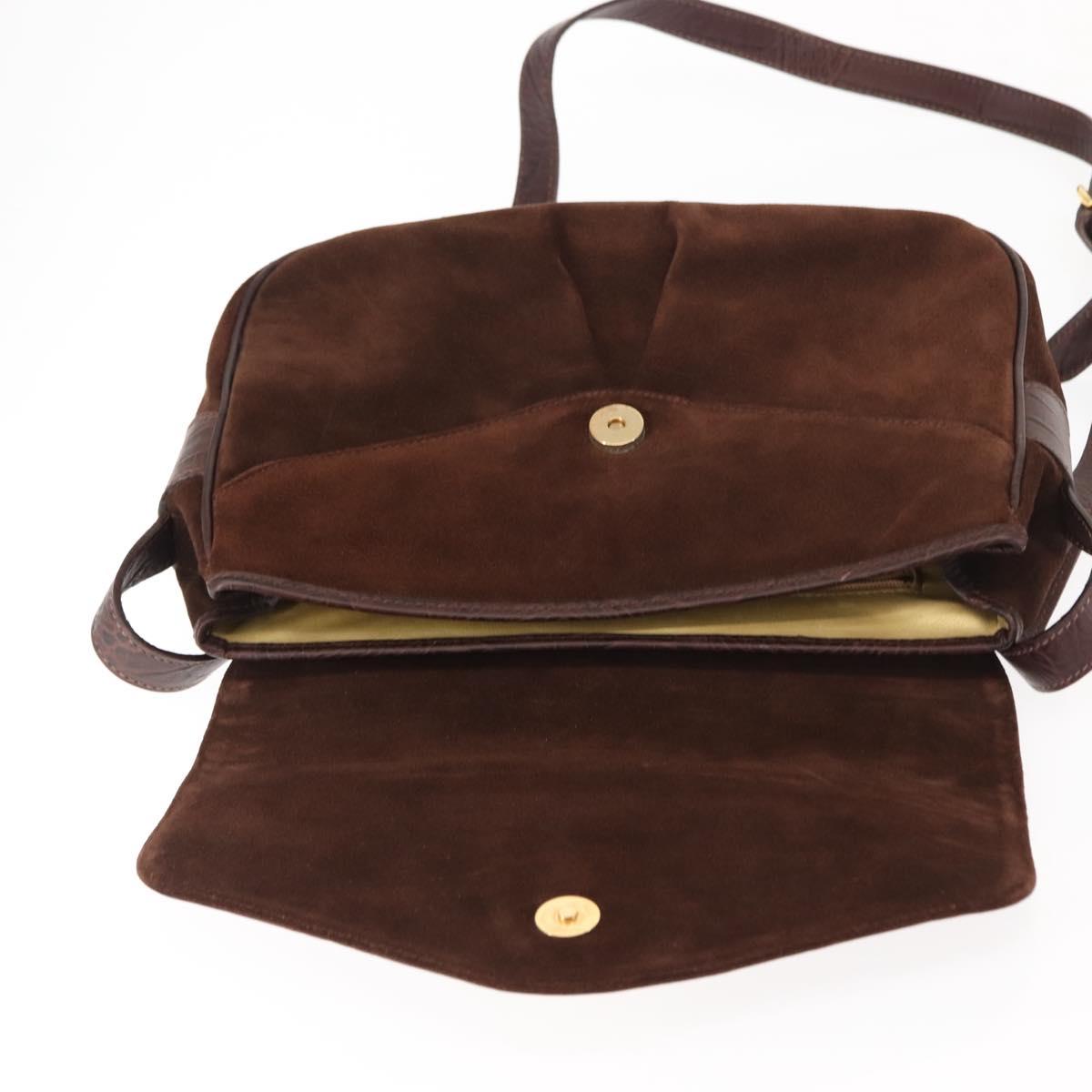VALENTINO Embossing Shoulder Bag Suede Leather Brown Gold Auth BA6617