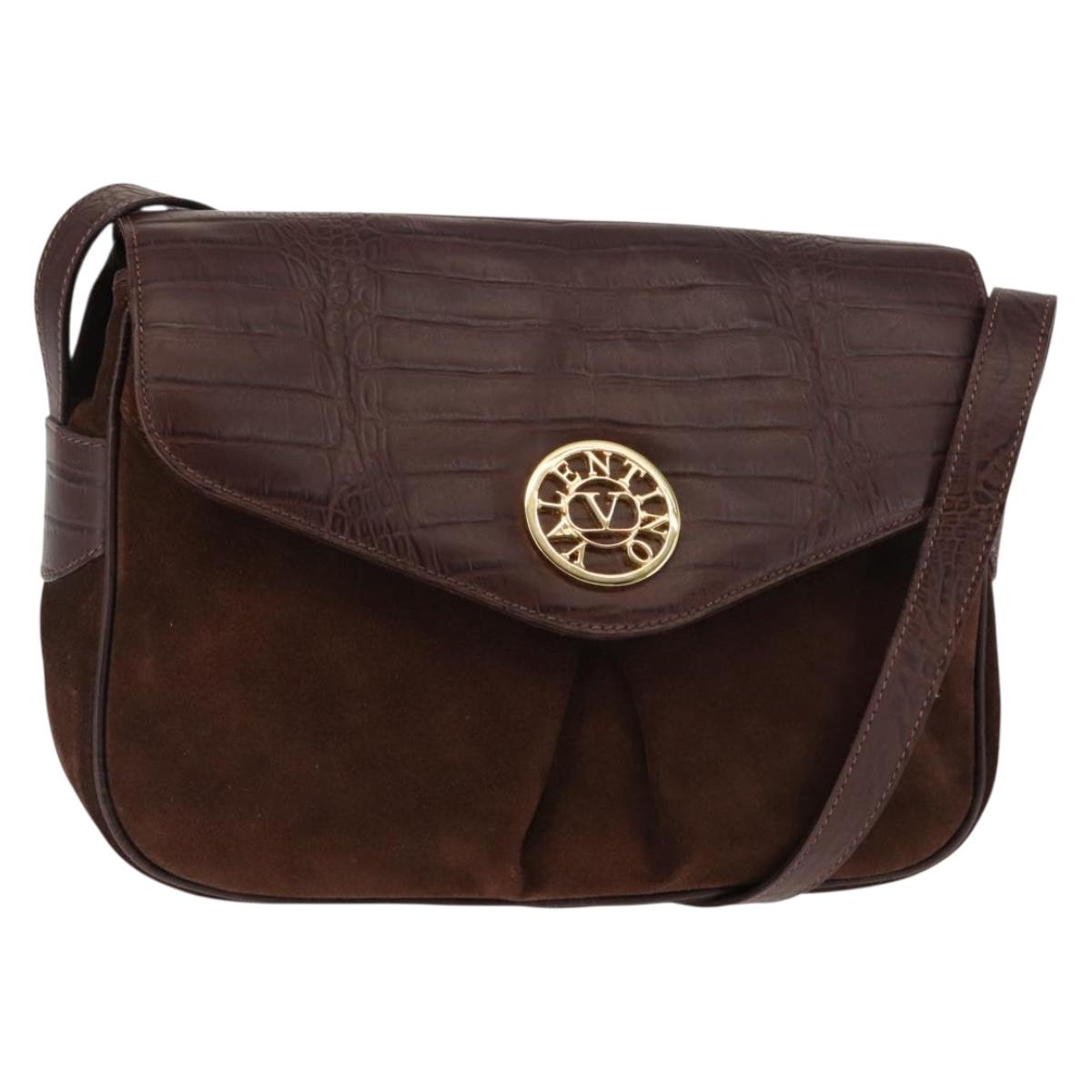 VALENTINO Embossing Shoulder Bag Suede Leather Brown Gold Auth BA6617